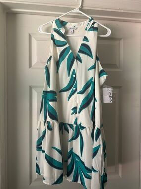 Nine West White Dress with Teal Leaf Print